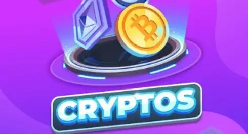 Cryptos title art with Bitcoin and Ethereum coin icons