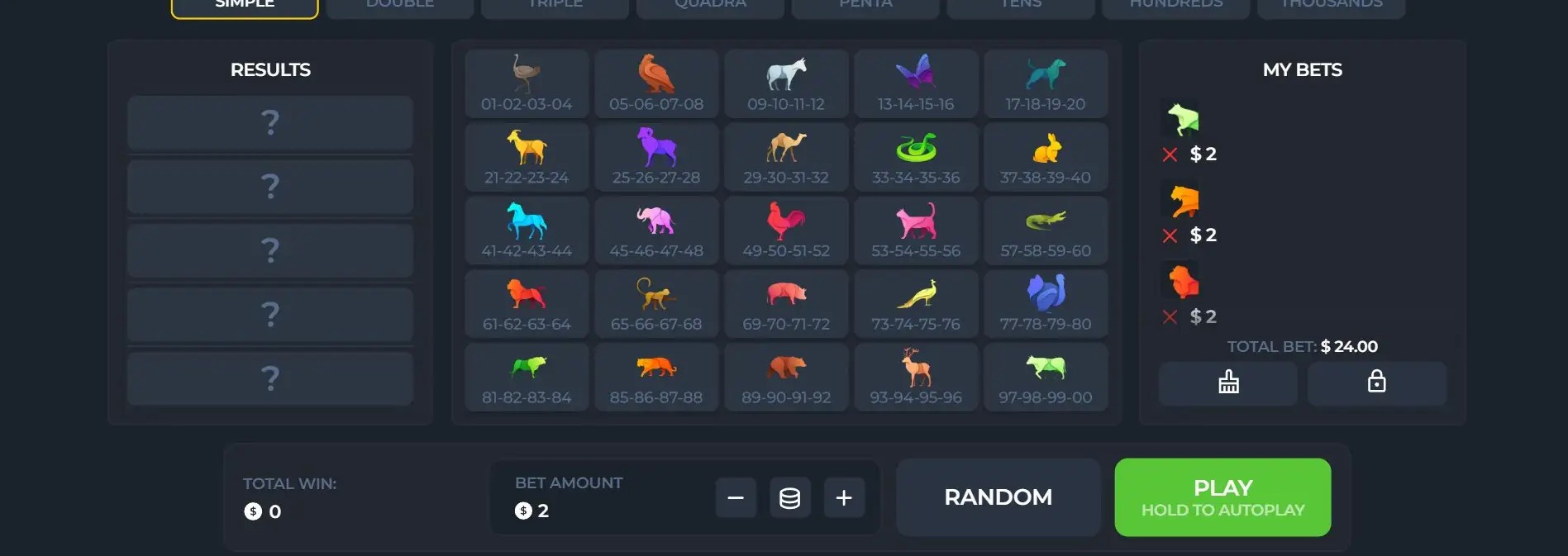 Jogo Do Bicho gameplay screenshot showing the 25 animal groups, bet type tabs, and My Bets panel