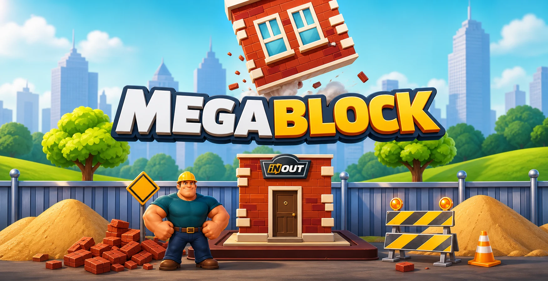 MegaBlock gameplay - tower blocks swinging above an unfinished structure