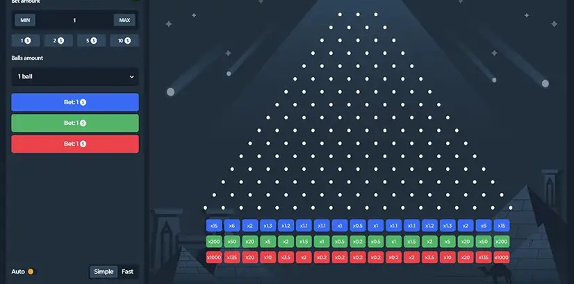 Plinko 1000 board mid-drop with balls bouncing through the peg field