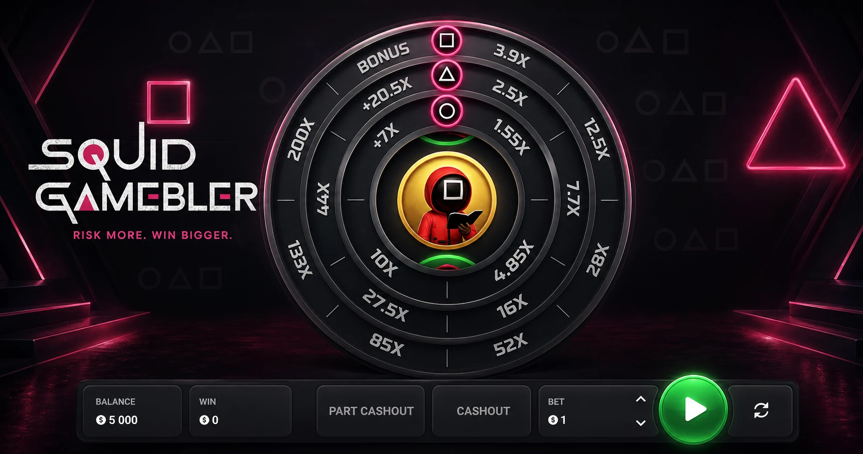 Squid Gamebler gameplay screenshot showing the three multiplier tracks