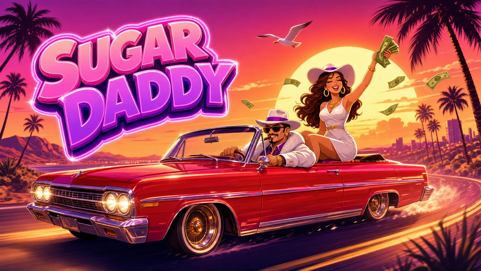 Sugar Daddy crash round at x2.17 with the convertible speeding across a desert road