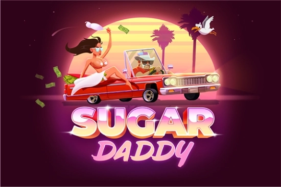 Sugar Daddy title art with the neon convertible, palm trees and scattered banknotes