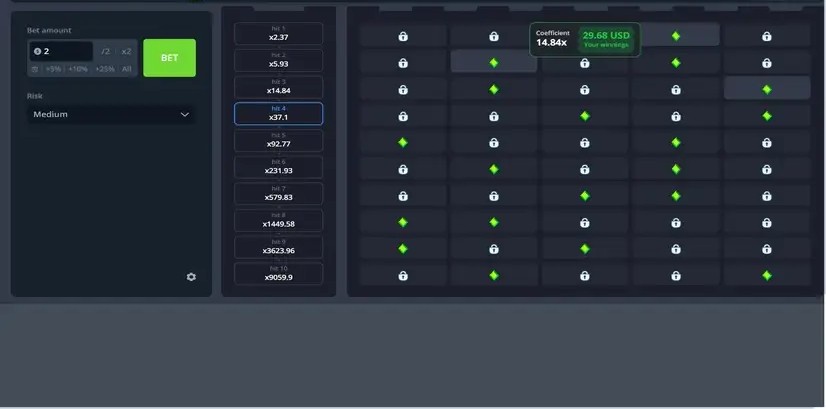 Tower gameplay screenshot showing the pick-and-climb grid format used across several InOut Games titles