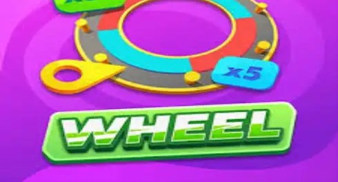 Wheel game logo - green Wheel branding on a purple wheel graphic