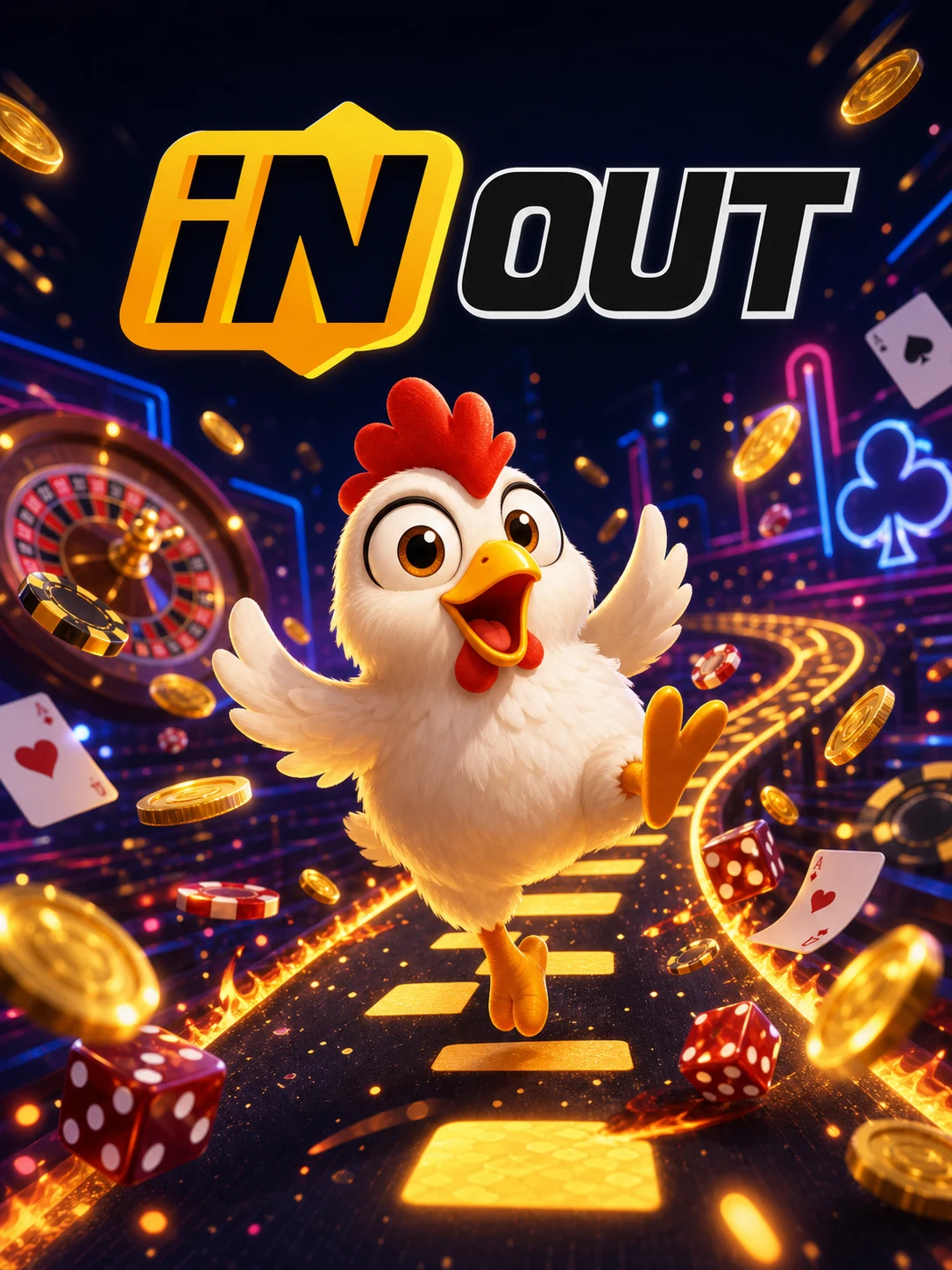 Stylized illustration of the InOut Games Chicken Road app, the flagship title in the step-crash lineup
