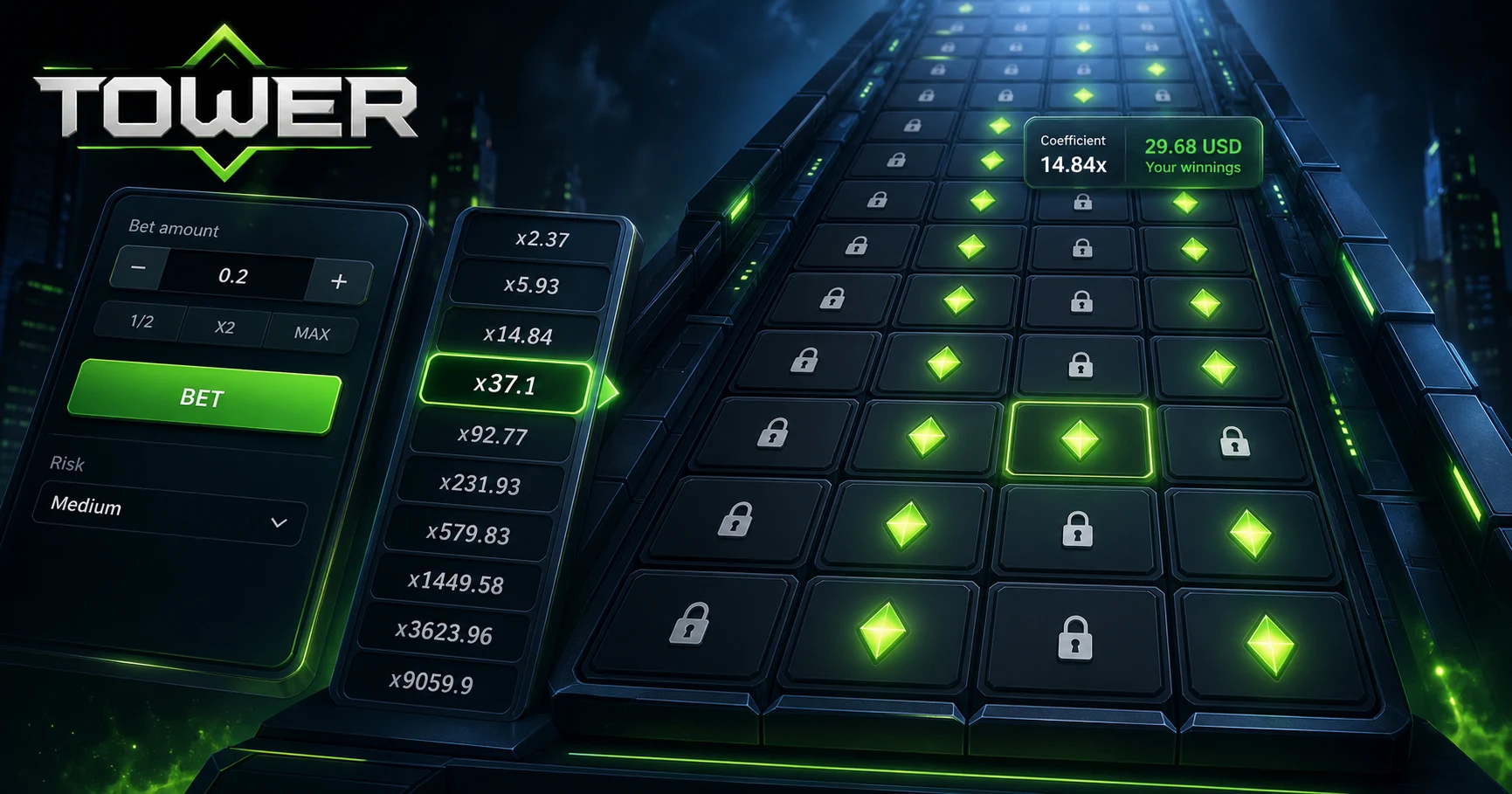 Stylized illustration of the InOut Games Tower app showing the pick-and-climb grid format used across several titles